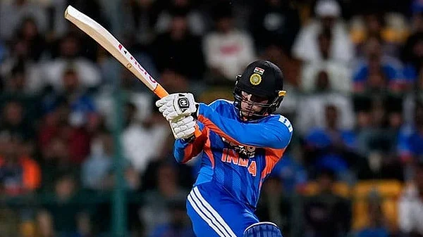 Abhishek Sharma playing an attacking cricket shot for India during a T20 international match