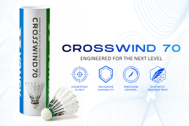 Yonex CROSSWIND 70 synthetic feather shuttlecock tube and shuttle displaying advanced badminton technology with consistent flight, enhanced durability, precision control, and synthetic feather tech
