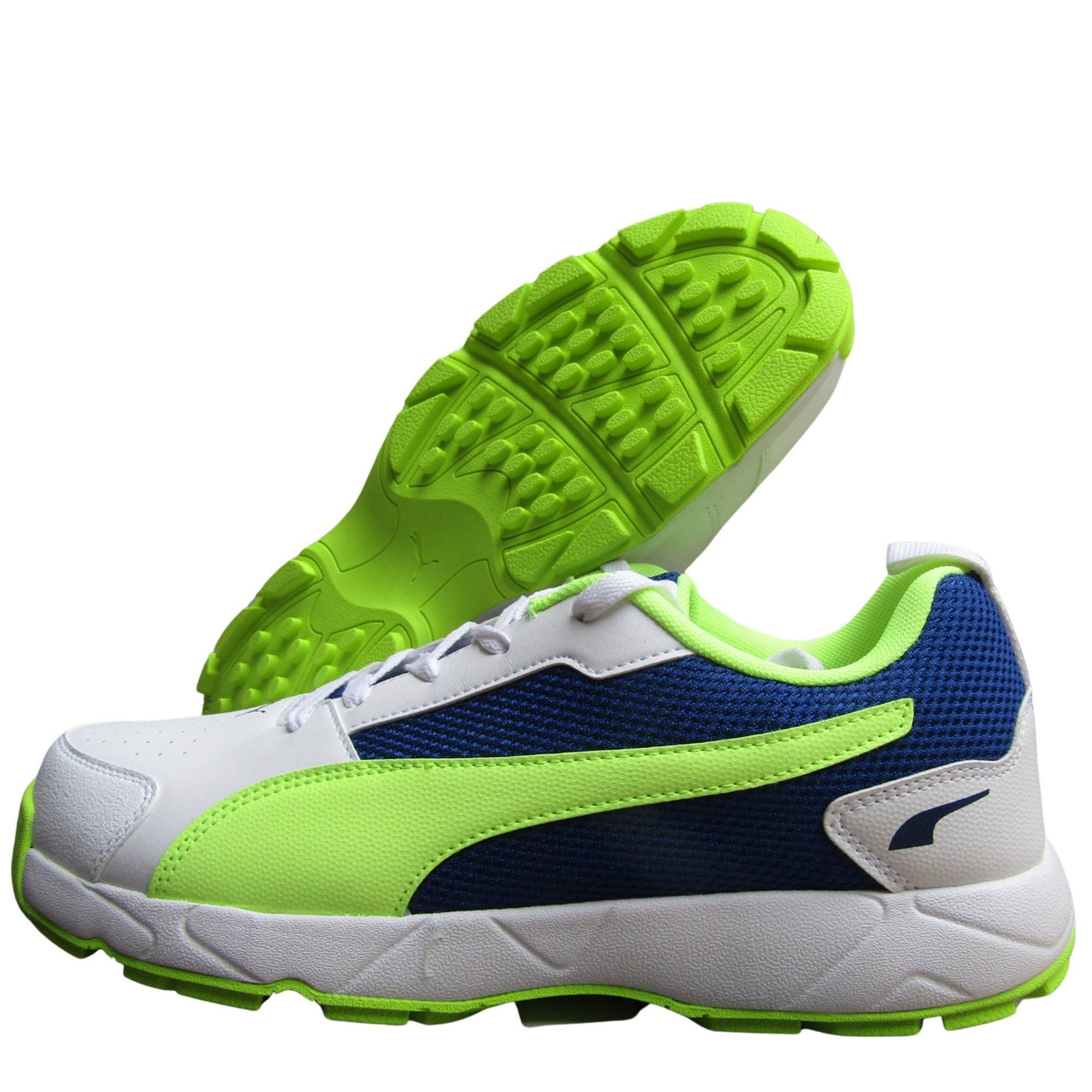 Puma Mens Cricket High Run Cricket Shoe White Blazing Blue Fast Yellow 