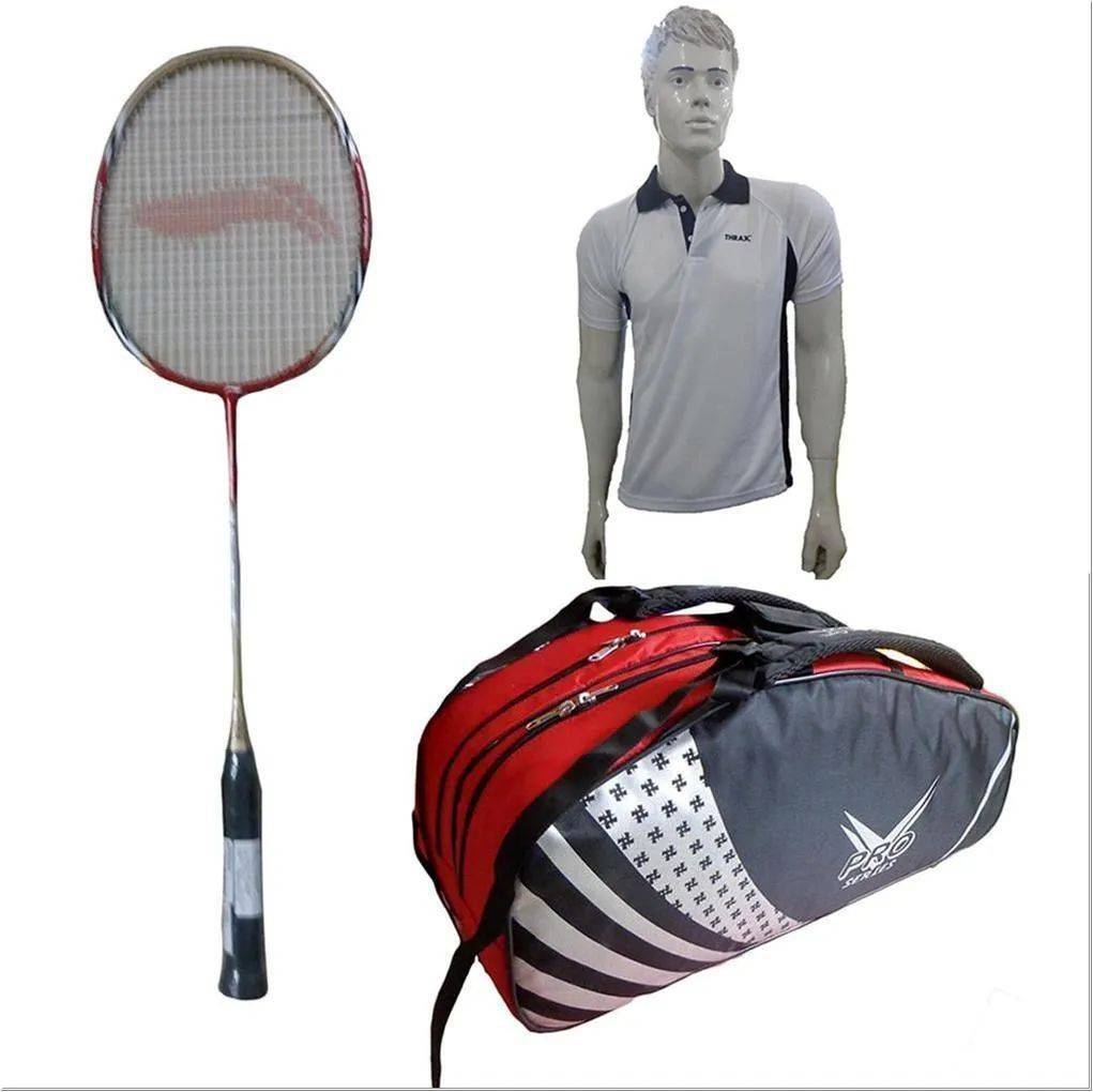Li Ning G Force Pro 2000 I Racket and Thrax Pro Series Black and Red Kit Bag and Thrax Polo T Shirt Color Neck with Half sleeve White and Black