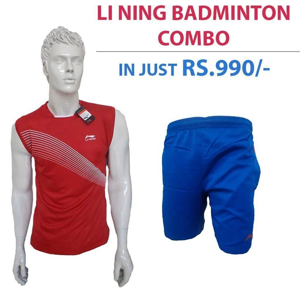 Offer on Li Ning Badminton T Shirt Red and Shorts Blue Combo