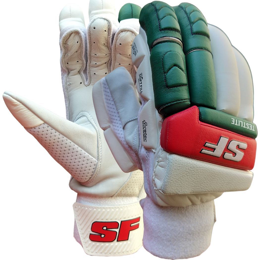 SF Test Lite Cricket Batting Gloves White Green Red (Right Hand Mens Size)