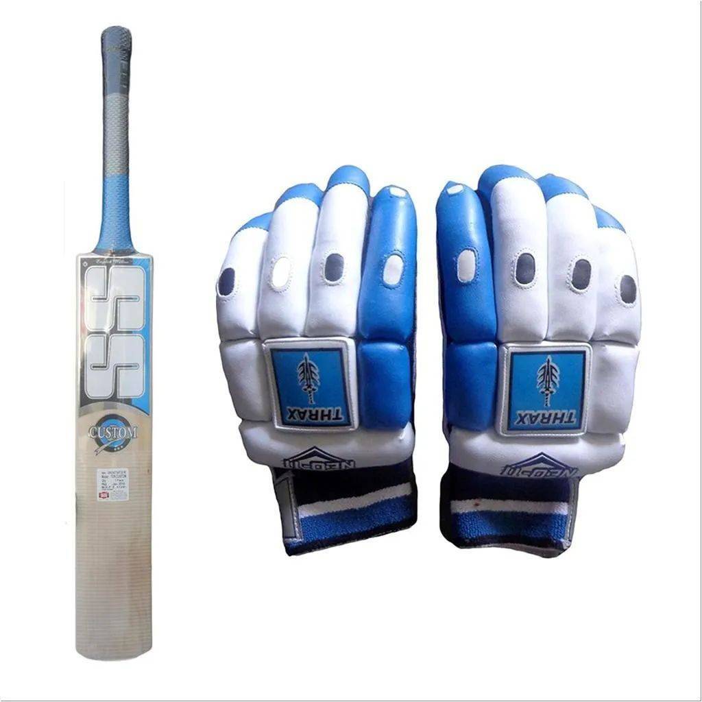 SS Ton Custom English Willow Cricket Bat and THRAX Neo 11 Batting Gloves Blue