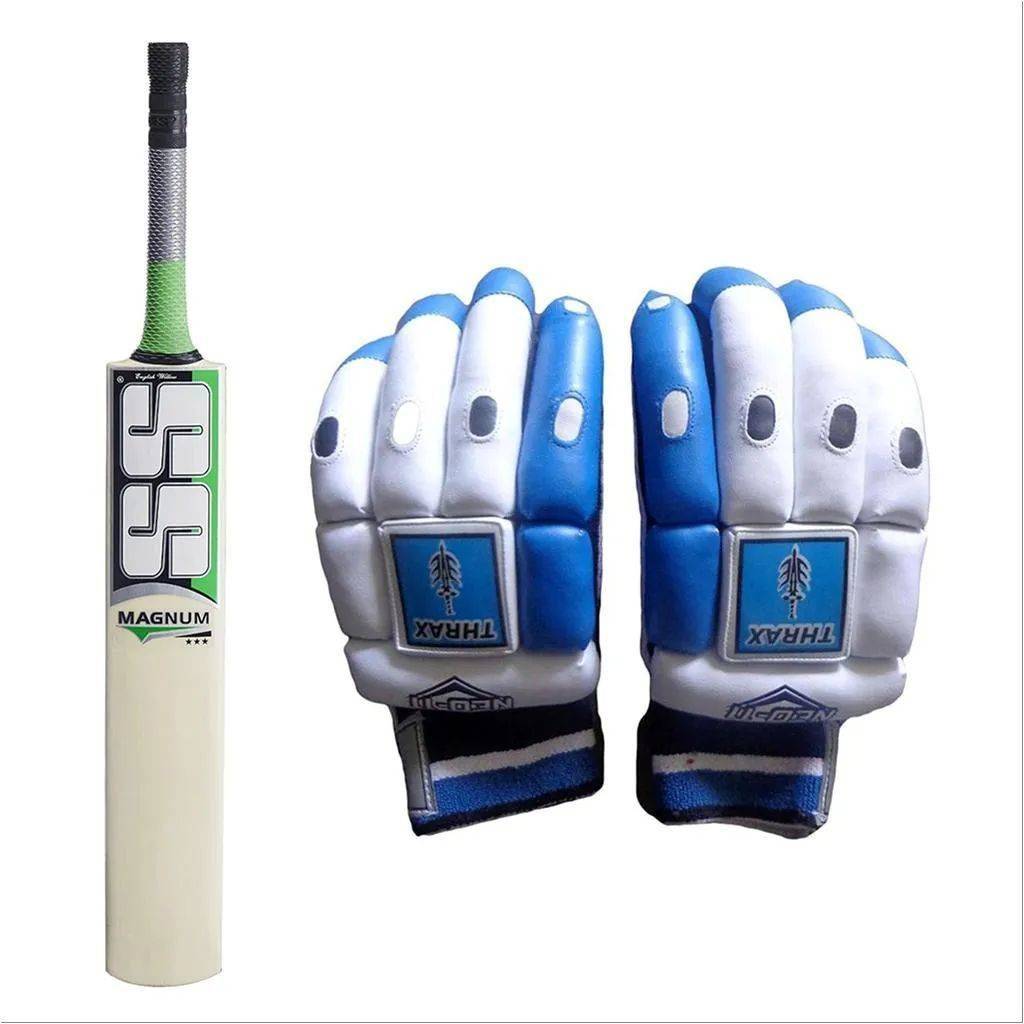 SS Magnum English Willow Cricket Bat and THRAX NEO 11 Batting Gloves Blue