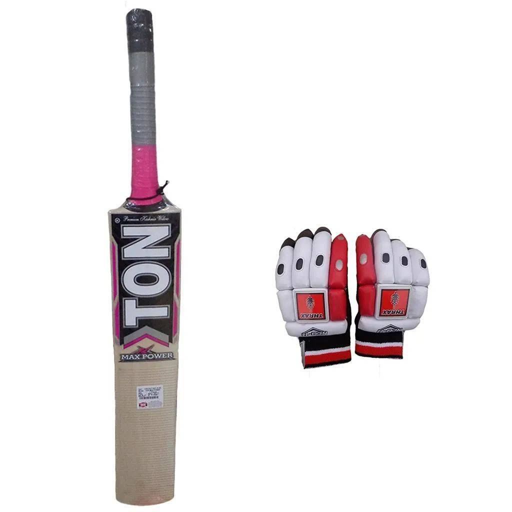 SS Ton Max Power Kashmir Willow Cricket Bat and THRAX NEO 11 Cricket Batting Gloves