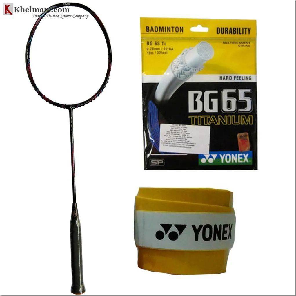 Thrax Astra 381 Mega Strong Badminton Racket UnStrung AND Yonex BG 65 Ti String AND Yonex Super Grap Team Grip