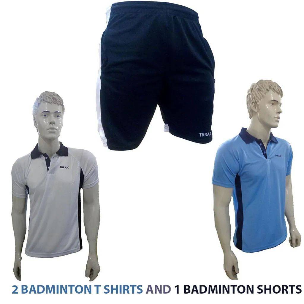 Combo Offer Thrax 2 Badminton T shirt Black and White , Blue and Shorts White and Black Size Large 1