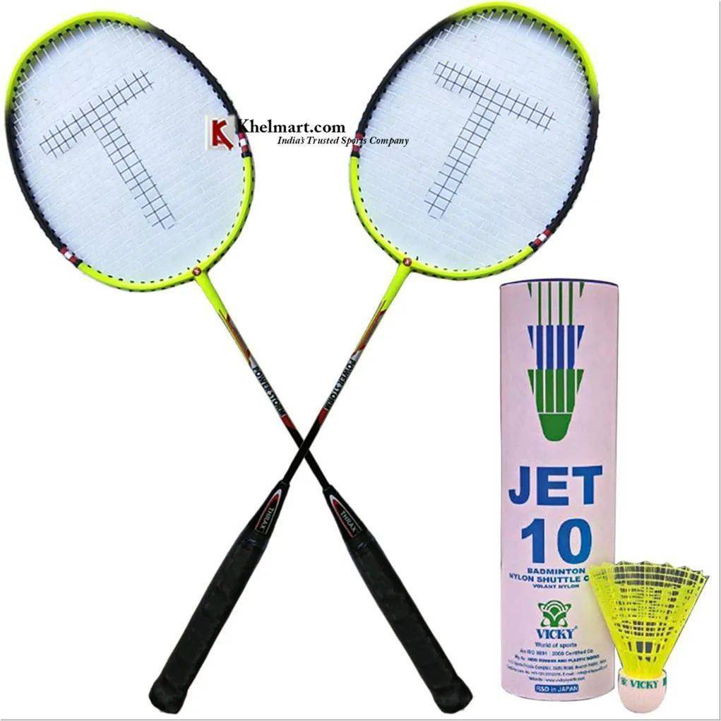 Set Of 2 Thrax Power Storm Badminton Racket And VICKY Jet 10 Nylon shuttlecocks pack of 6pc Yellow color