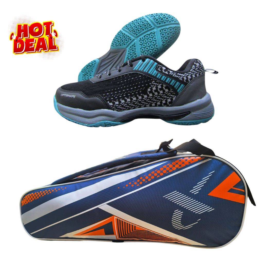 Thrax Smash Badminton shoes Black and Vivid Sky With Thrax Strike Series Badminton Kit Bag Blue and Orange Color