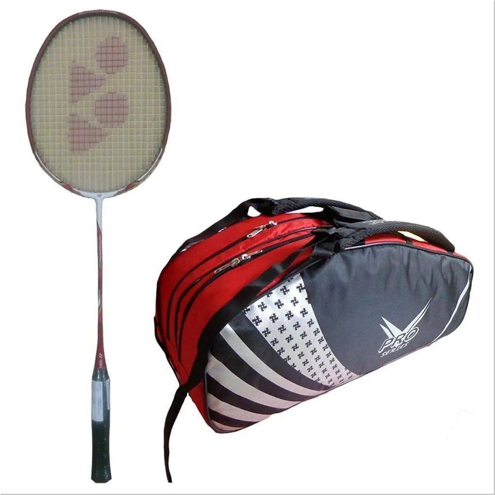 Yonex Nanoray 9 Badminton Racket and Thrax Pro series Badminton Kit Bag Black and Red