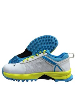 Thrax Brace Rubber Cricket Stud Shoes white, yellow, and blue 