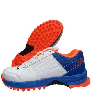 Thrax Hoop Cricket Rubber Stud Cricket Shoes White Blue Neon Orange
