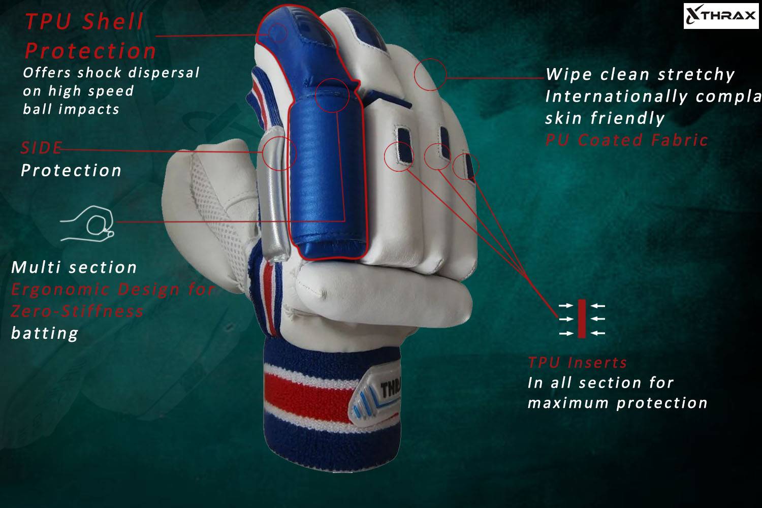 Thrax ST 1800 Cricket Batting Gloves White Blue