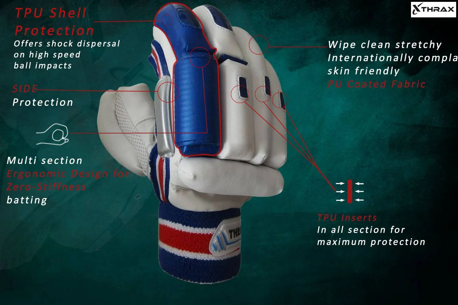 Thrax ST 1800 Cricket Batting Gloves White Blue