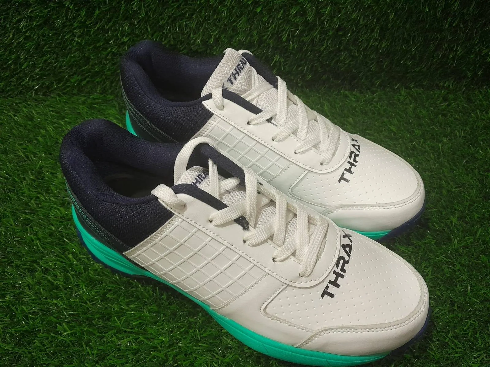 Thrax Hoop Cricket Rubber Stud Cricket Shoes White Blue Sea green