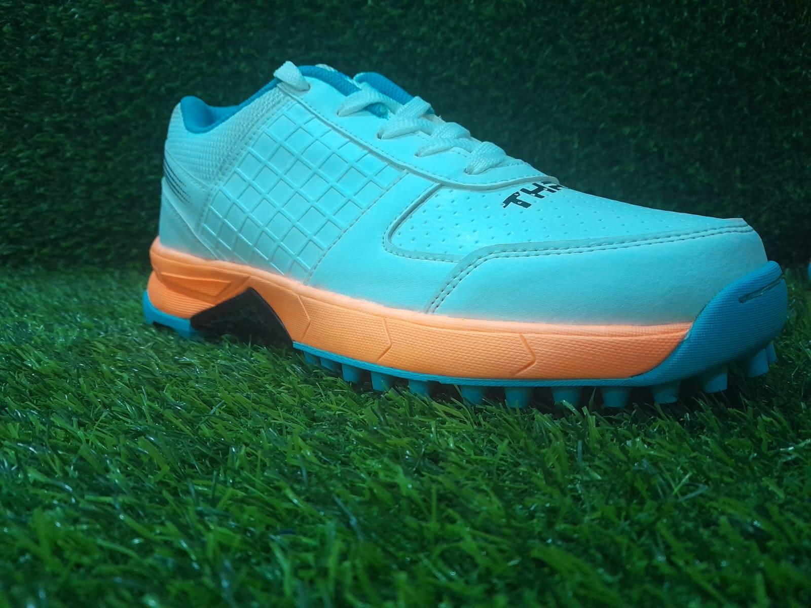 Thrax Hoop Cricket Rubber Stud Cricket Shoes White Blue Orange