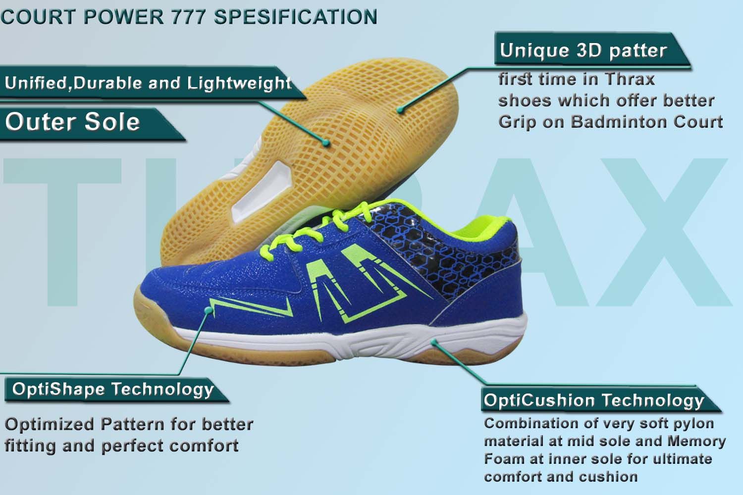 Thrax Court Power 777 Badminton Shoes Blue Lime