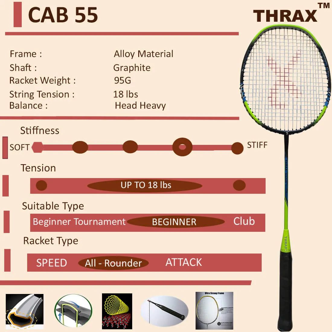 Thrax_CAB_55_Badminton_Racket_Technical_Specification_Lime