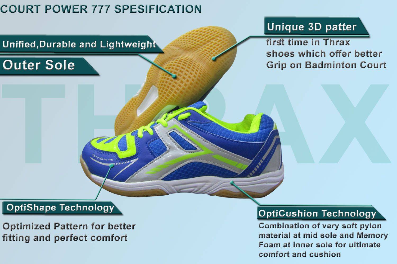 Thrax Court Power 777 Badminton Shoes Blue Lime