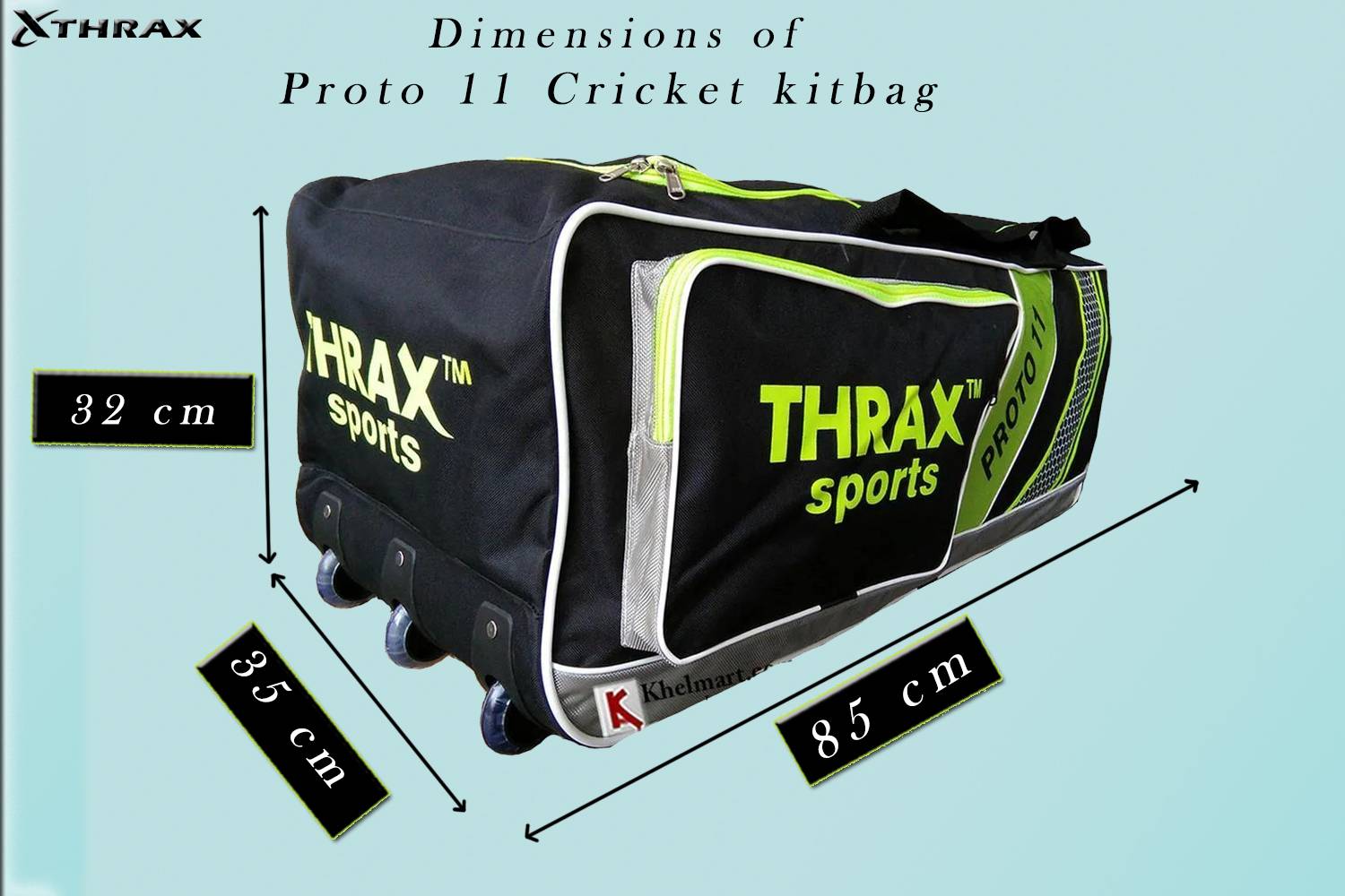 Thrax Proto 11 3 Wheel Big Cricket Kit Bag Black And Lime