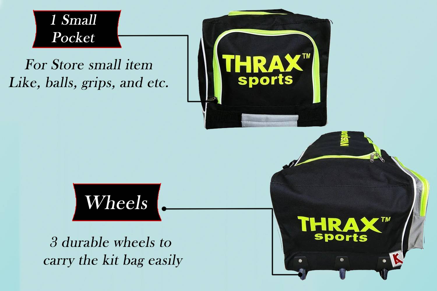 Thrax Proto 11 3 Wheel Big Cricket Kit Bag Black And Lime