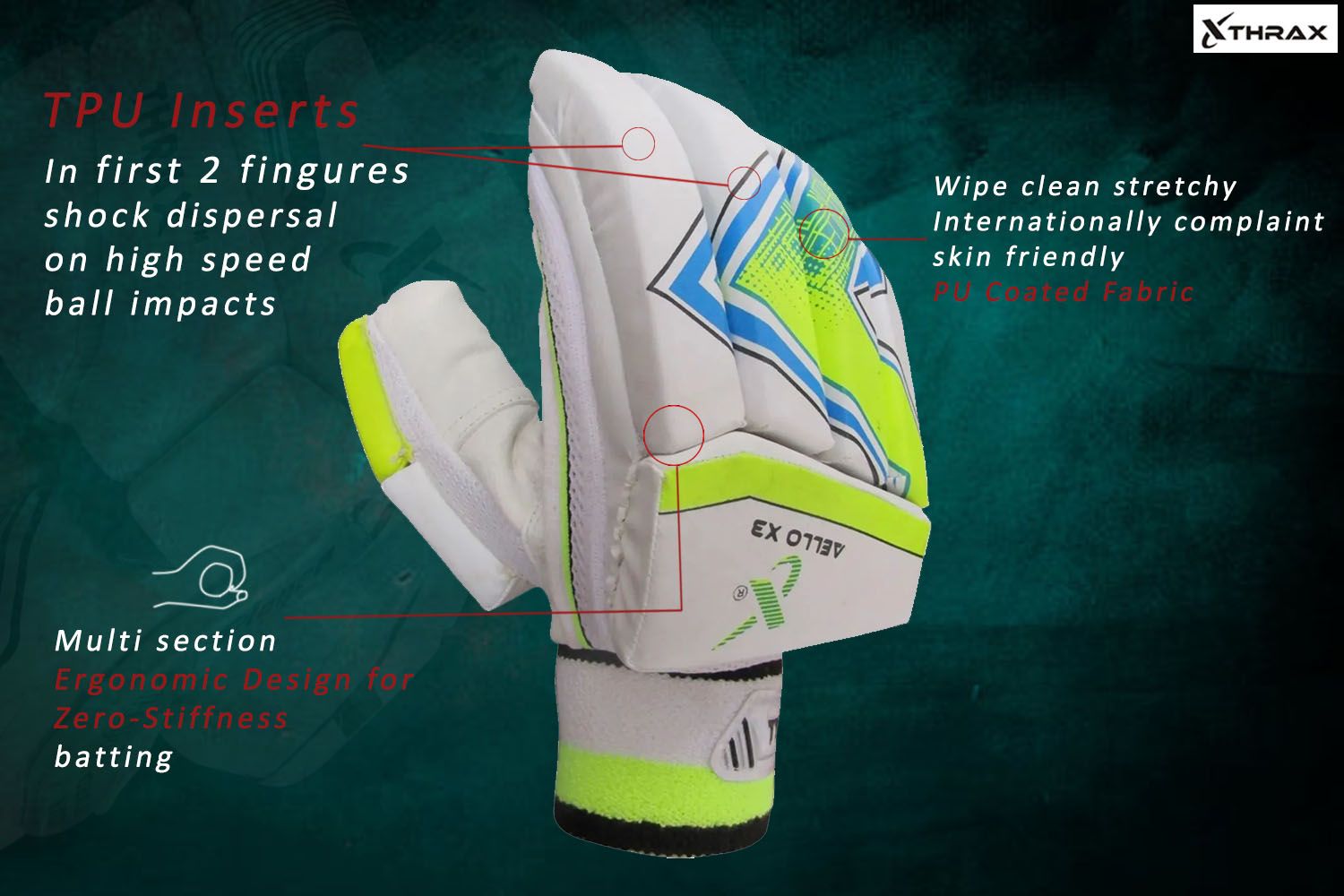 Thrax Aello X 3 Cricket Batting Gloves Standard Size Right Hand