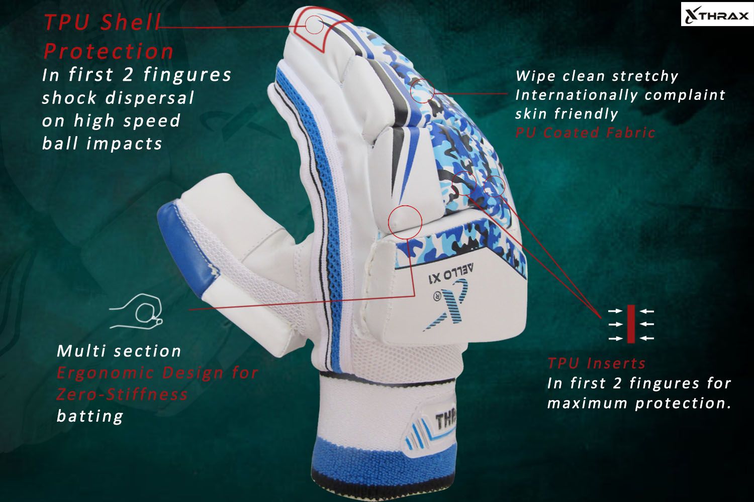 Youth Size Right Hand Thrax Aello X 1 Cricket Batting Gloves Blue and white