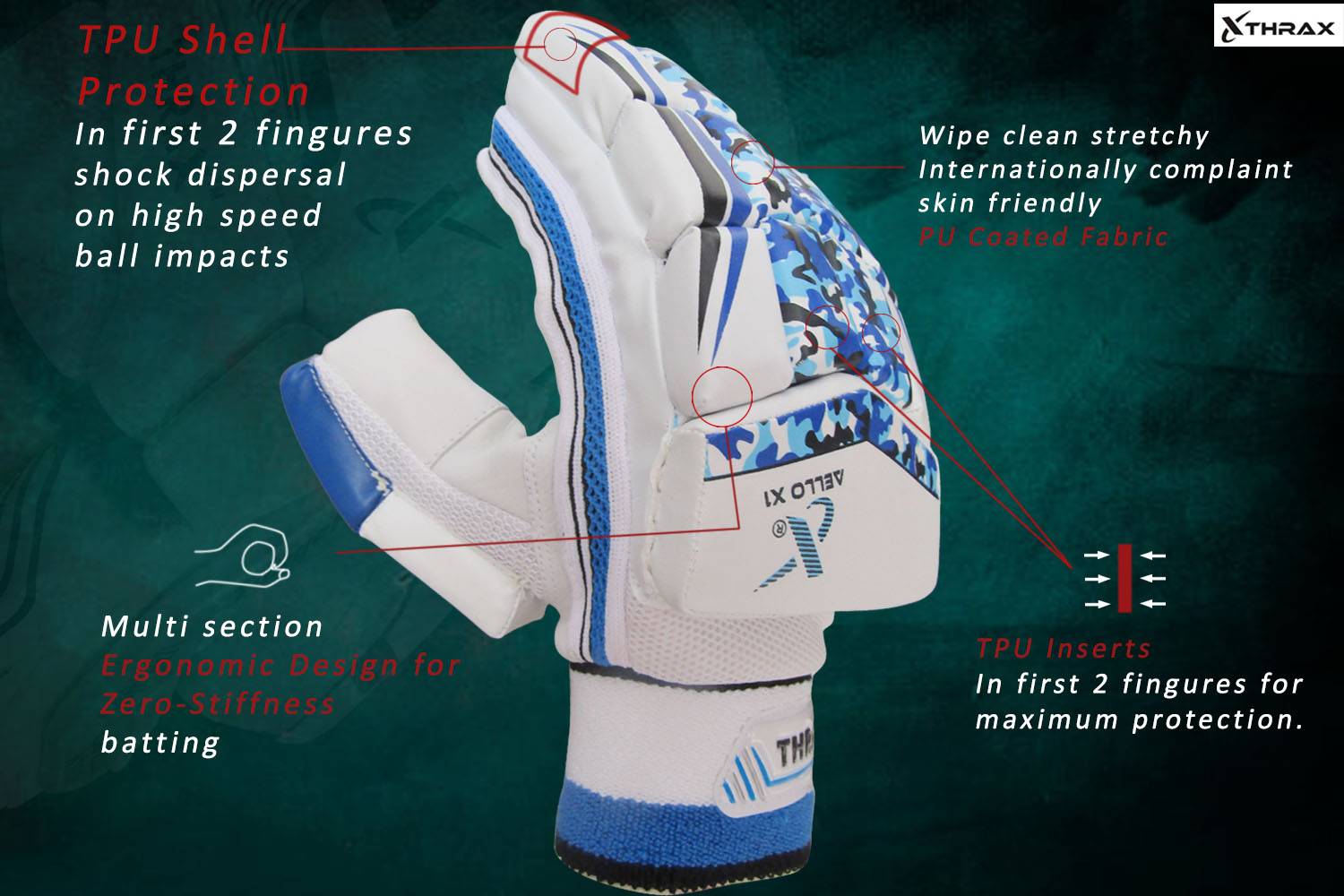 Left Side Thrax Aello X 1 Cricket Batting Gloves Standard Size Left Hand Blue and White