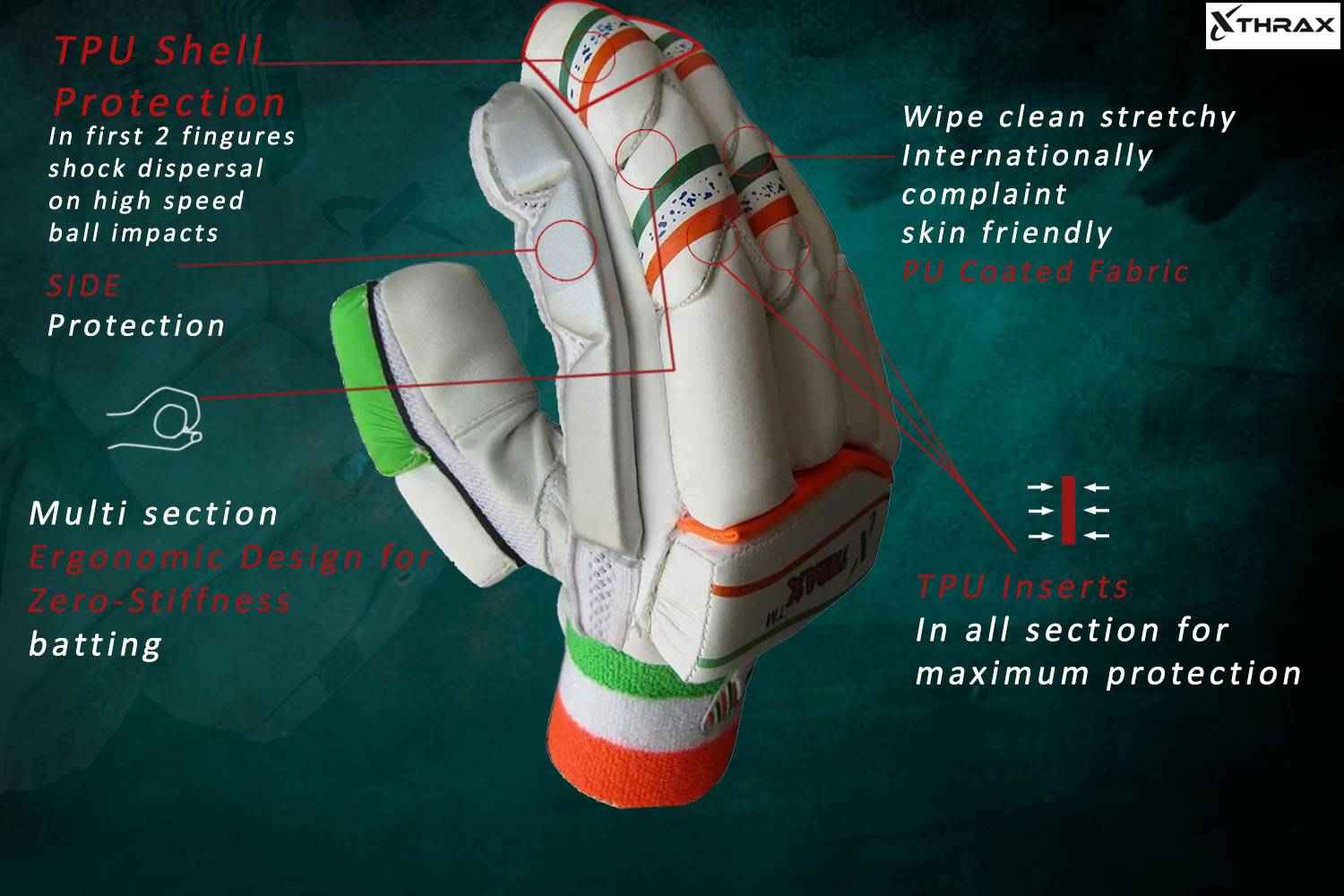 Thrax All In One Tri Colour Cricket Batting Gloves