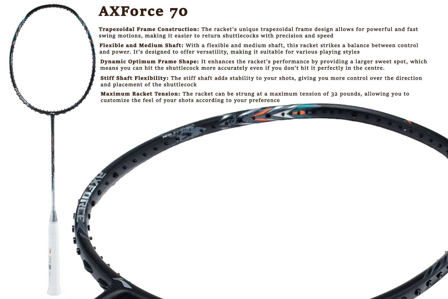 LI ning Axforce 70 badminton racket details