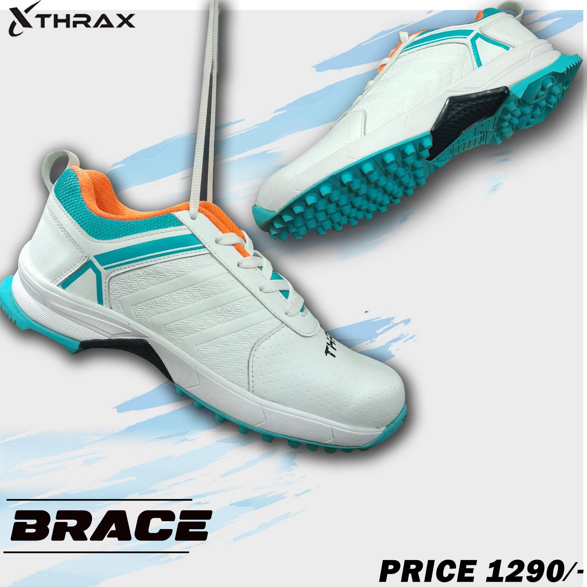 Thrax Brace Rubber Cricket Stud Shoes White Turquoise Orange