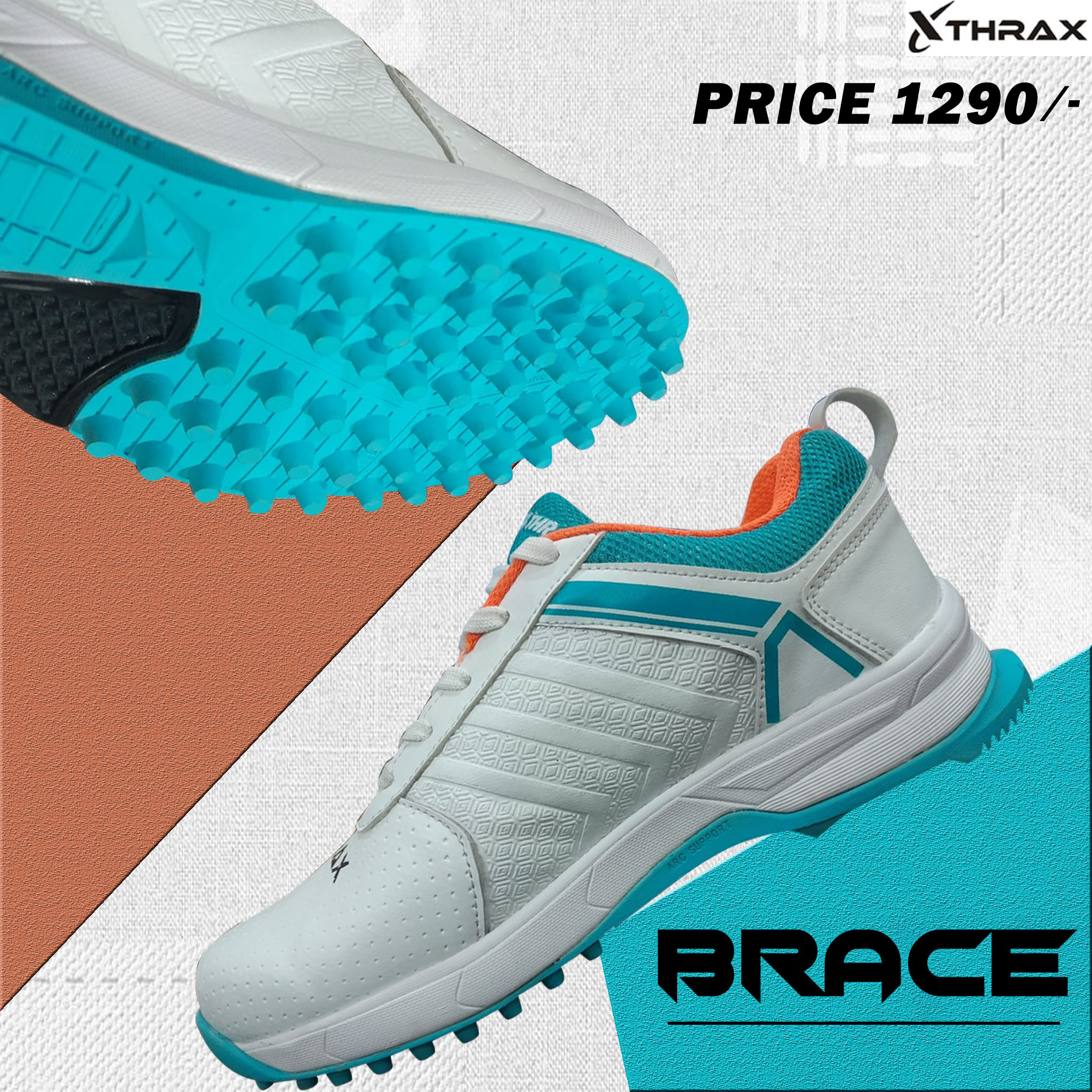 Thrax Brace Rubber Cricket Stud Shoes White Turquoise Orange