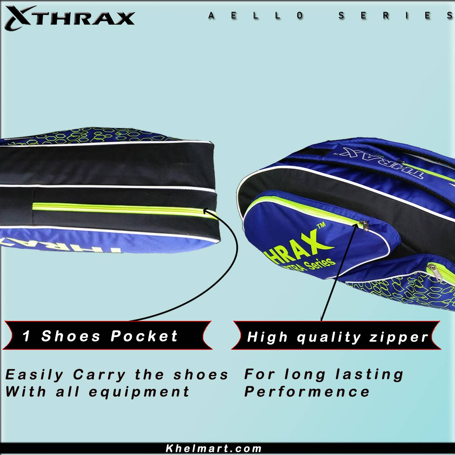 Thrax Astra Series Badminton Kit Bag Black Blue And Lime