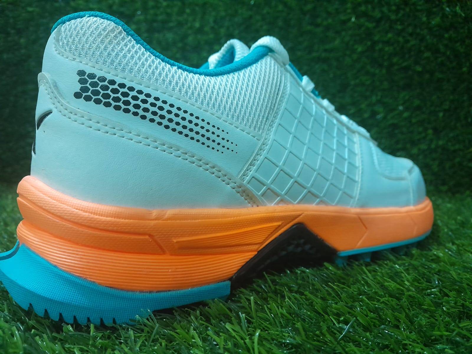 Thrax Hoop Cricket Rubber Stud Cricket Shoes White Blue Orange