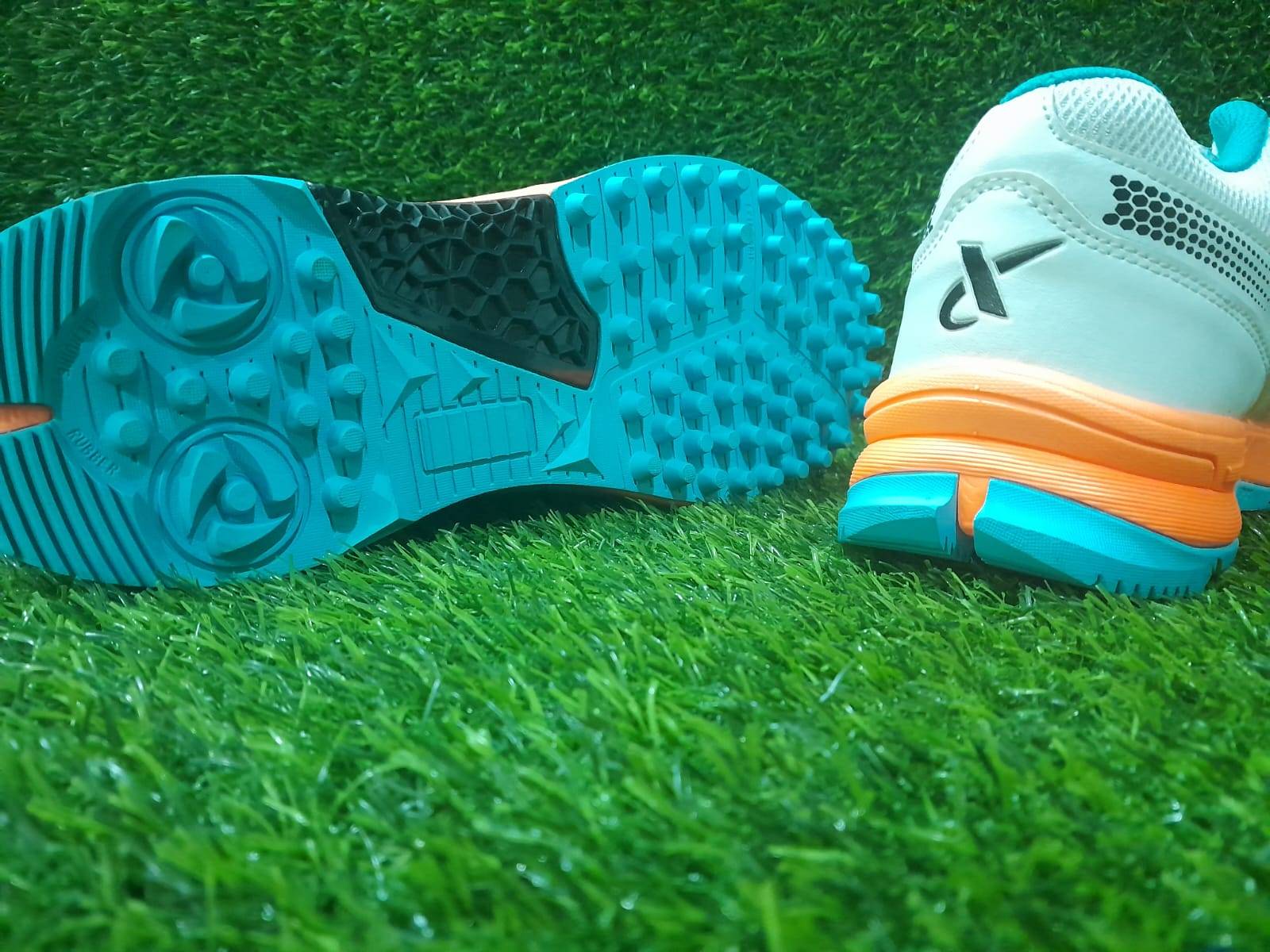 Thrax Hoop Cricket Rubber Stud Cricket Shoes White Blue Orange